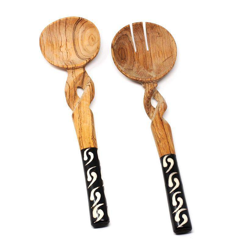 11-Inch Olive Wood Salad Serving Set with Twisted Handles - Jedando Handicrafts - Jedando Handicrafts - Flyclothing LLC