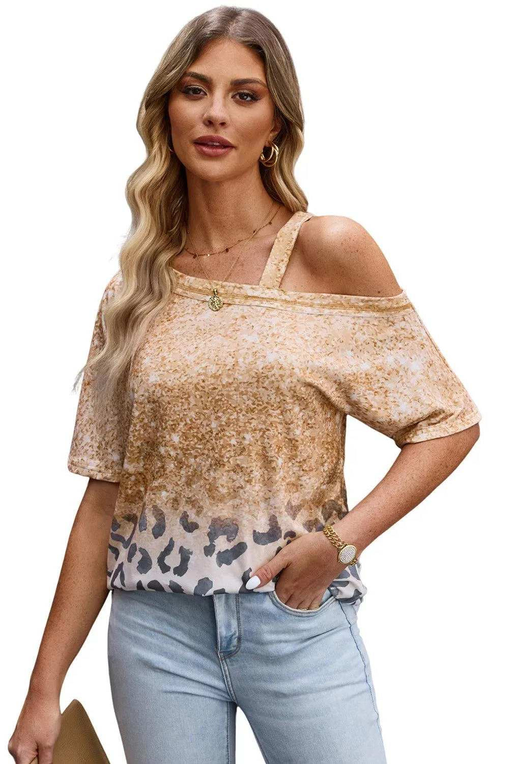 Leopard Asymmetrical Neck Cold-Shoulder Blouse - Trendsi - Flyclothing LLC