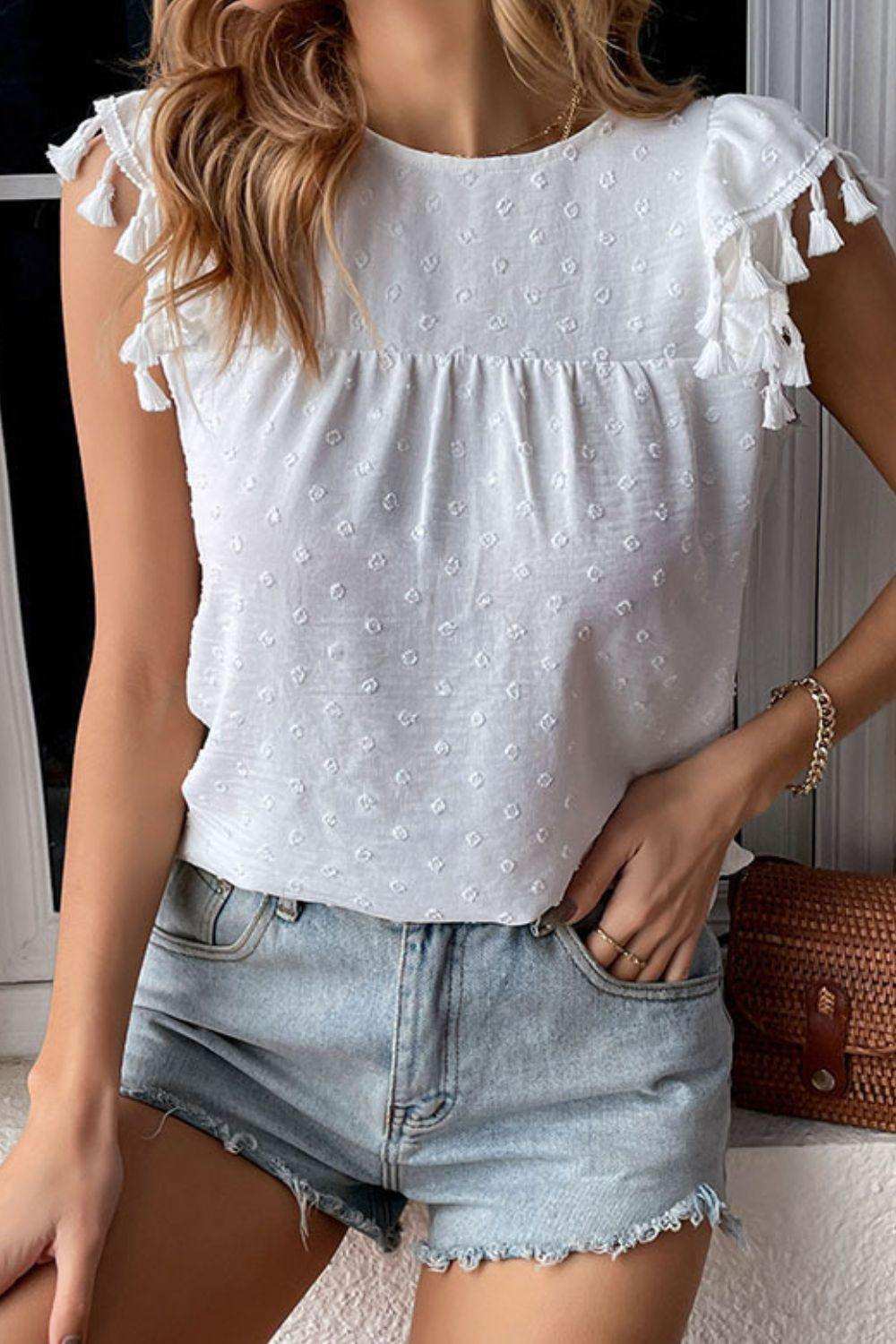 Swiss Dot Tassel Detail Round Neck Blouse - Trendsi