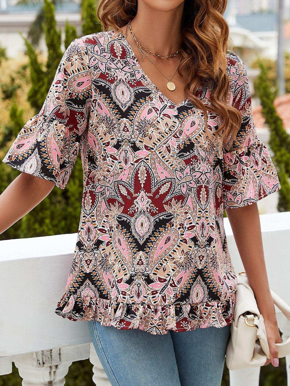 Printed Flounce Sleeve Ruffle Hem Blouse - Trendsi - Flyclothing LLC
