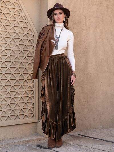 Ruffle Trim Wide Leg Slit Pants - Trendsi - Flyclothing LLC