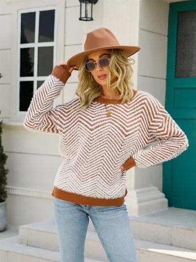 Striped Round Neck Dropped Shoulder Sweater - Trendsi - Flyclothing LLC