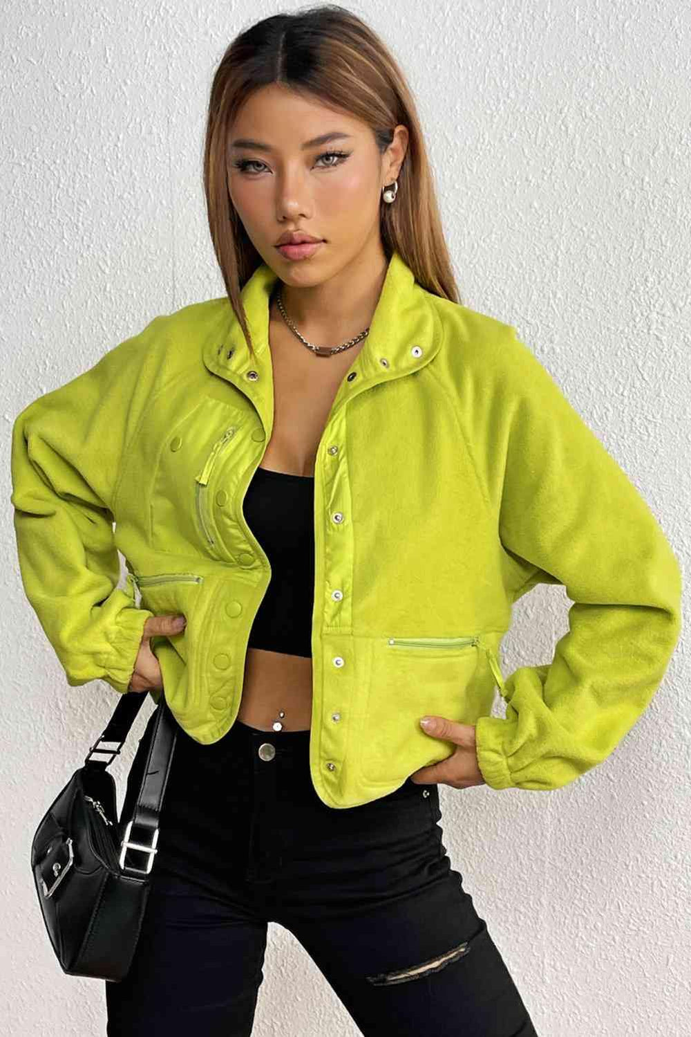Snap Down Collared Jacket - Trendsi