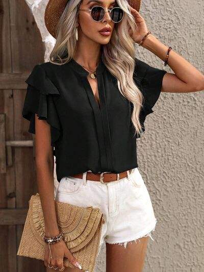 Ruffled Notched Short Sleeve Blouse - Trendsi - Flyclothing LLC