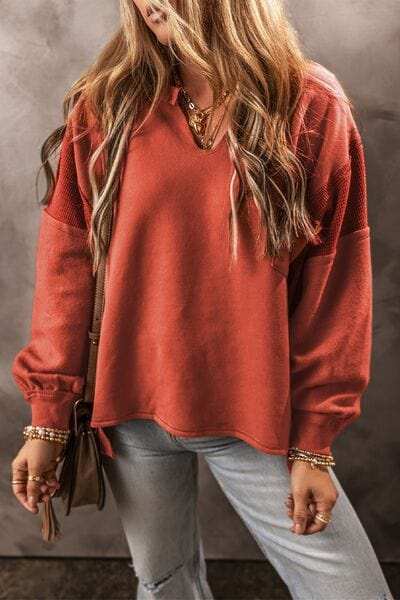 Notched Lantern Sleeve Dropped Shoulder Sweatshirt - Trendsi - Flyclothing LLC