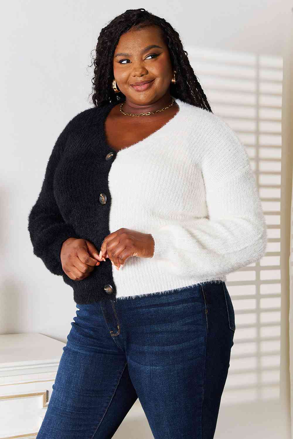 Woven Right Contrast Button-Front V-Neck Cardigan - Trendsi - Flyclothing LLC