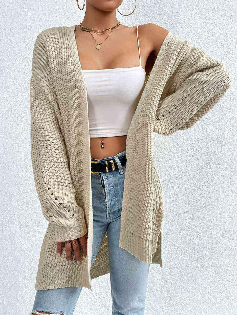 Open Front Dropped Shoulder Slit Cardigan - Trendsi