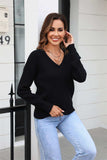 Ribbed V-Neck Dropped Shoulder Knit Top - Trendsi - Flyclothing LLC