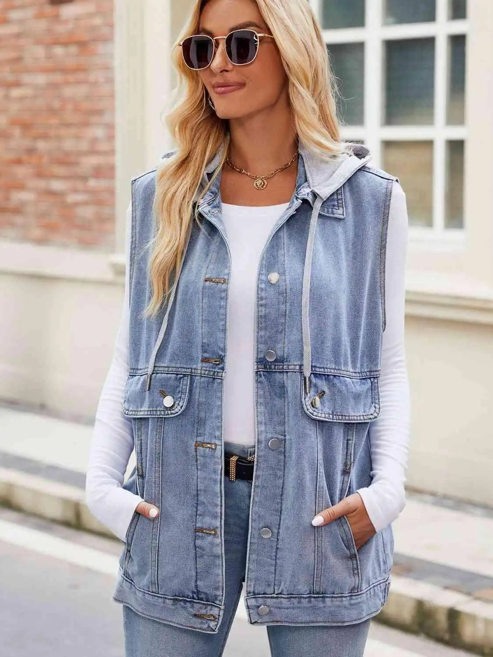 Drawstring Hooded Sleeveless Denim Jacket - Trendsi