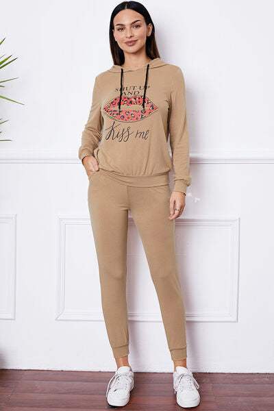 SHUT UP AND KISS ME Lip Graphic Hooded Top and Drawstring Pants Set - Trendsi - Flyclothing LLC