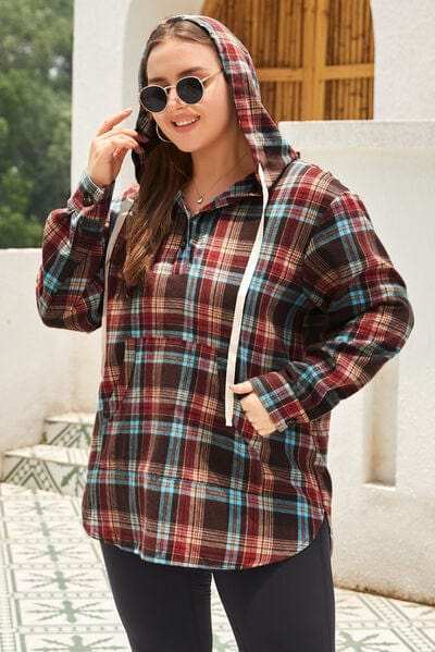 Plus Size Drawstring Plaid Quarter Button Hoodie - Trendsi - Flyclothing LLC