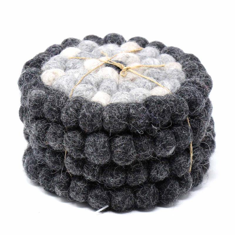 Hand Crafted Felt Ball Coasters from Nepal: 4-pack, Flower Black/Grey - Global Groove (T) - Global Groove