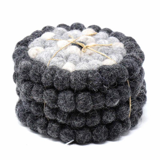 Hand Crafted Felt Ball Coasters from Nepal: 4-pack, Flower Black/Grey - Global Groove (T) - Flyclothing LLC
