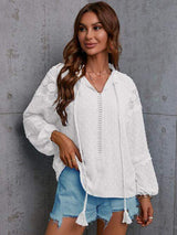 Crochet Tassel Tie Neck Long Sleeve Blouse - Trendsi - Flyclothing LLC
