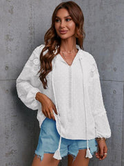 Crochet Tassel Tie Neck Long Sleeve Blouse - Trendsi