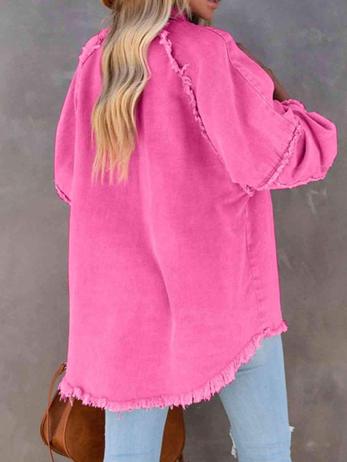 Button Down Raw Hem Denim Jacket - Trendsi - Flyclothing LLC