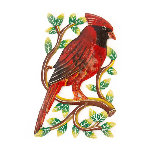 Cardinal on Branch, Painted Haitian Steel Drum Wall Art - Haitian Artisans