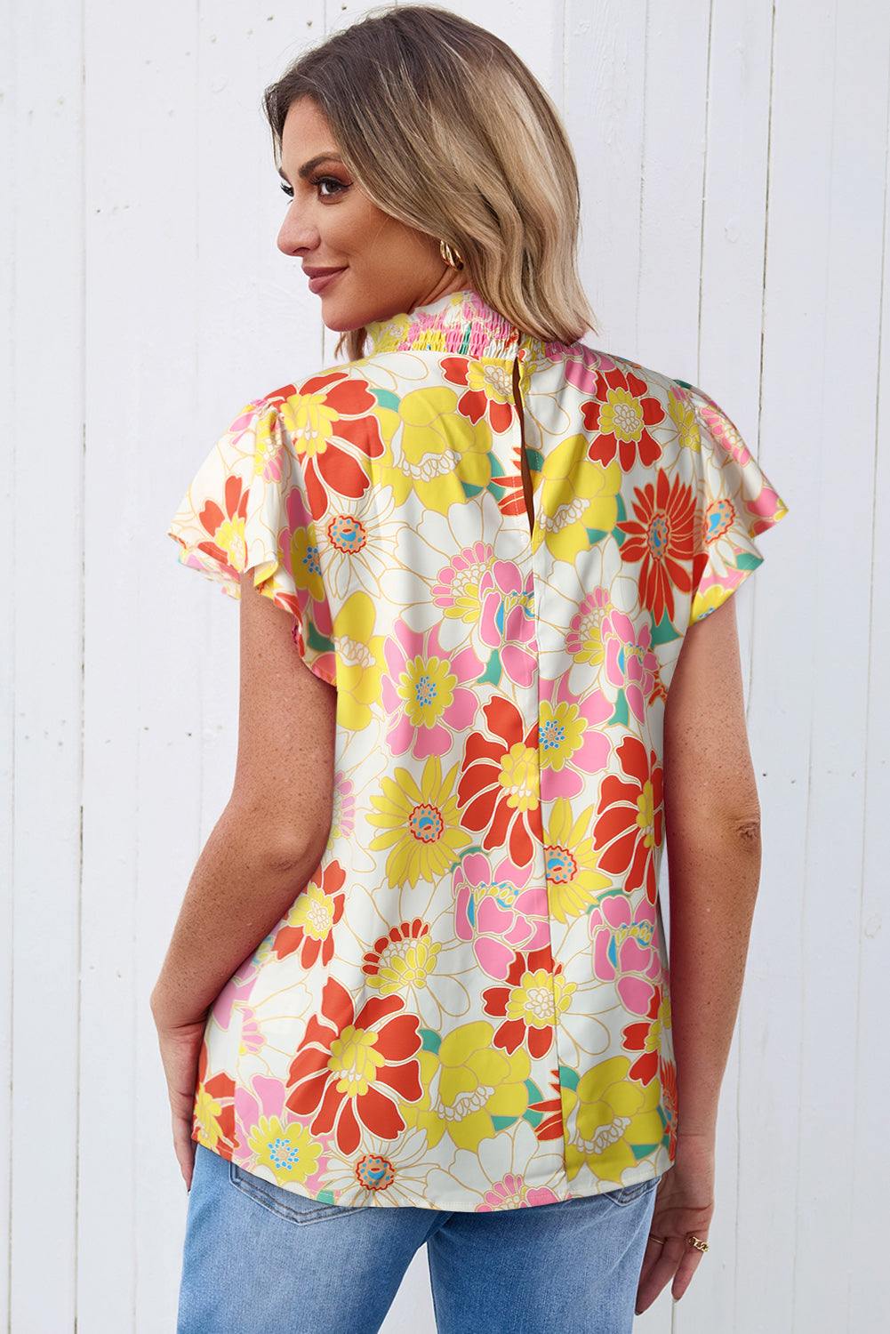 Floral Frill Neck Smocked Flutter Sleeve Blouse - Trendsi
