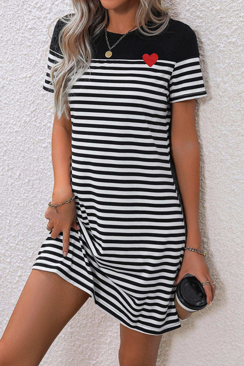 Striped Heart Short Sleeve Dress - Trendsi - Flyclothing LLC