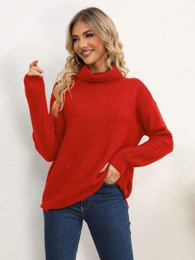 Slit Turtleneck Dropped Shoulder Sweater - Trendsi - Flyclothing LLC