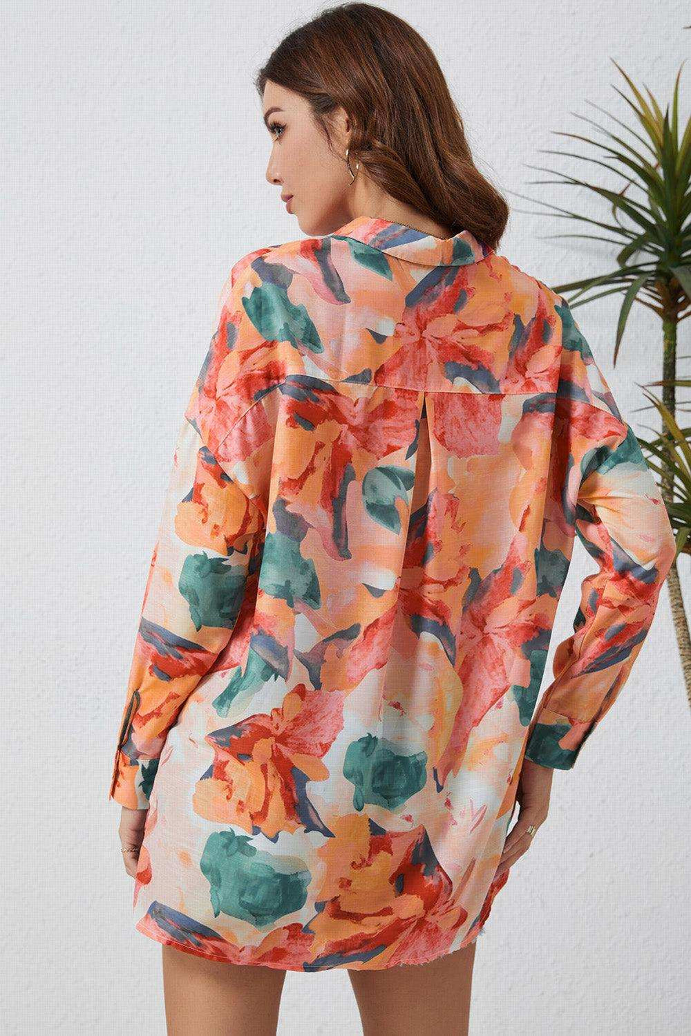 Floral Long Sleeve Slit Longline Shirt - Trendsi - Flyclothing LLC