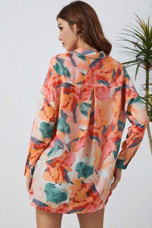 Floral Long Sleeve Slit Longline Shirt - Trendsi - Flyclothing LLC
