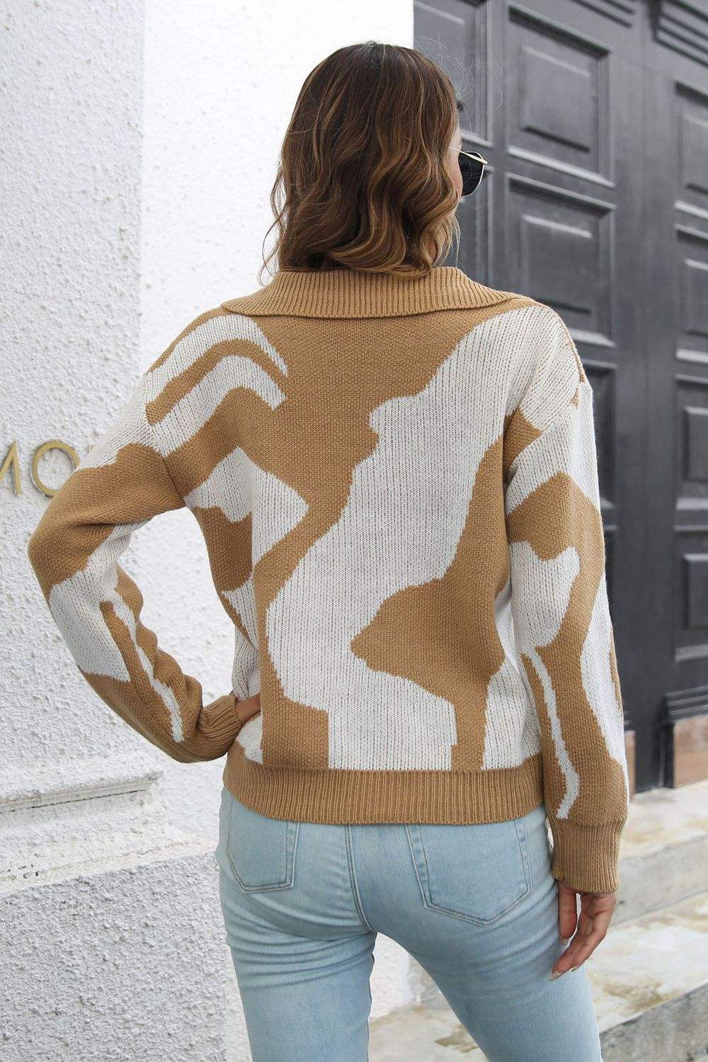 Two-Tone Johnny Collar Dropped Shoulder Pullover Sweater - Trendsi - Flyclothing LLC