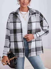 Plaid Collared Neck Button Down Jacket - Trendsi