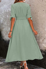 Smocked Quarter Button Short Sleeve Dress - Trendsi - Flyclothing LLC