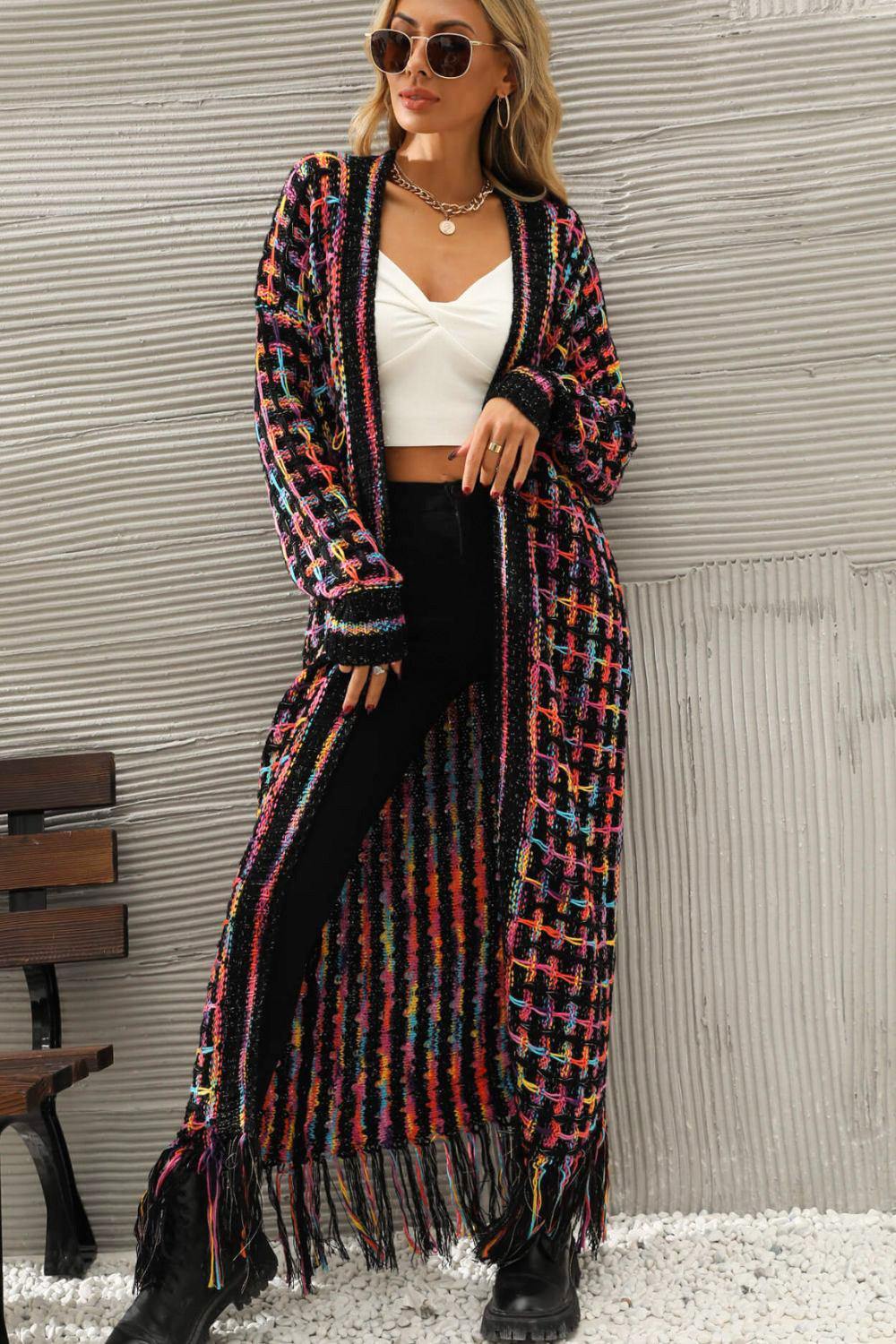 Multicolored Open Front Fringe Hem Cardigan - Trendsi