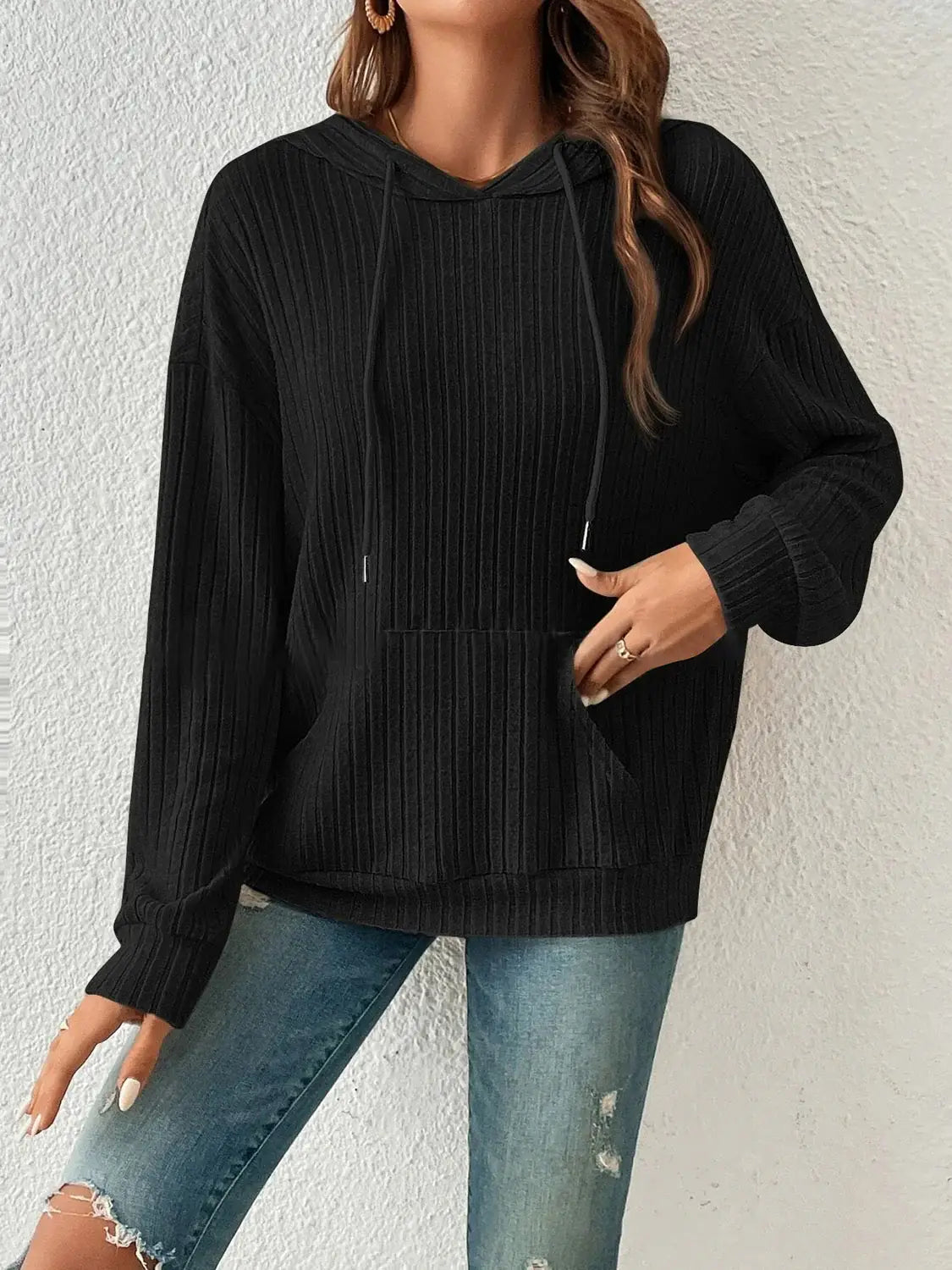 Ribbed Dropped Shoulder Drawstring Hoodie - Trendsi - Flyclothing LLC
