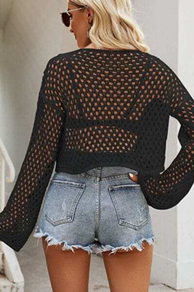 Openwork Round Neck Dropped Shoulder Knit Top - Trendsi - Flyclothing LLC