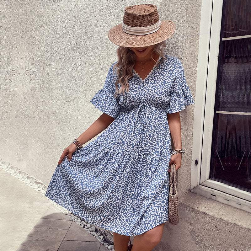 Floral Flounce Sleeve V-Neck Dress - Trendsi - Flyclothing LLC