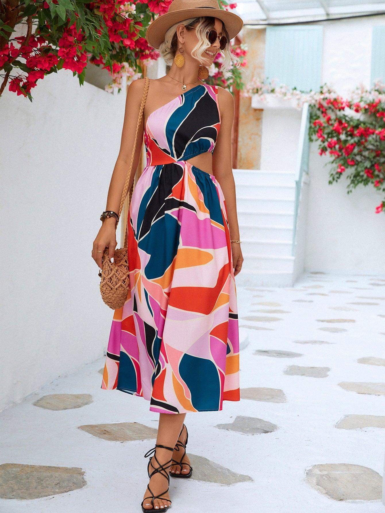 Printed Cutout One-Shoulder Sleeveless Dress - Trendsi - Flyclothing LLC