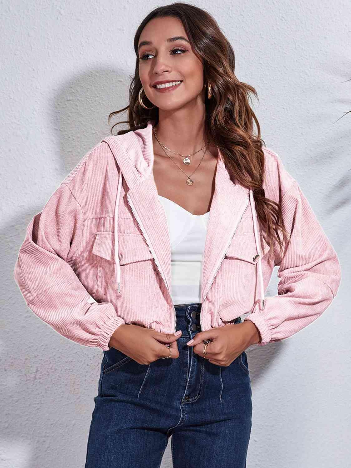 Drawstring Hooded Zip Up Jacket with Pockets - Trendsi