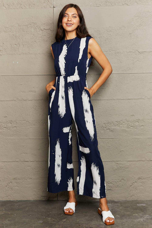 Printed Round Neck Cutout Jumpsuit with Pockets - Trendsi - Flyclothing LLC