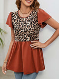 Leopard Round Neck Flutter Sleeve Babydoll Blouse - Trendsi - Flyclothing LLC