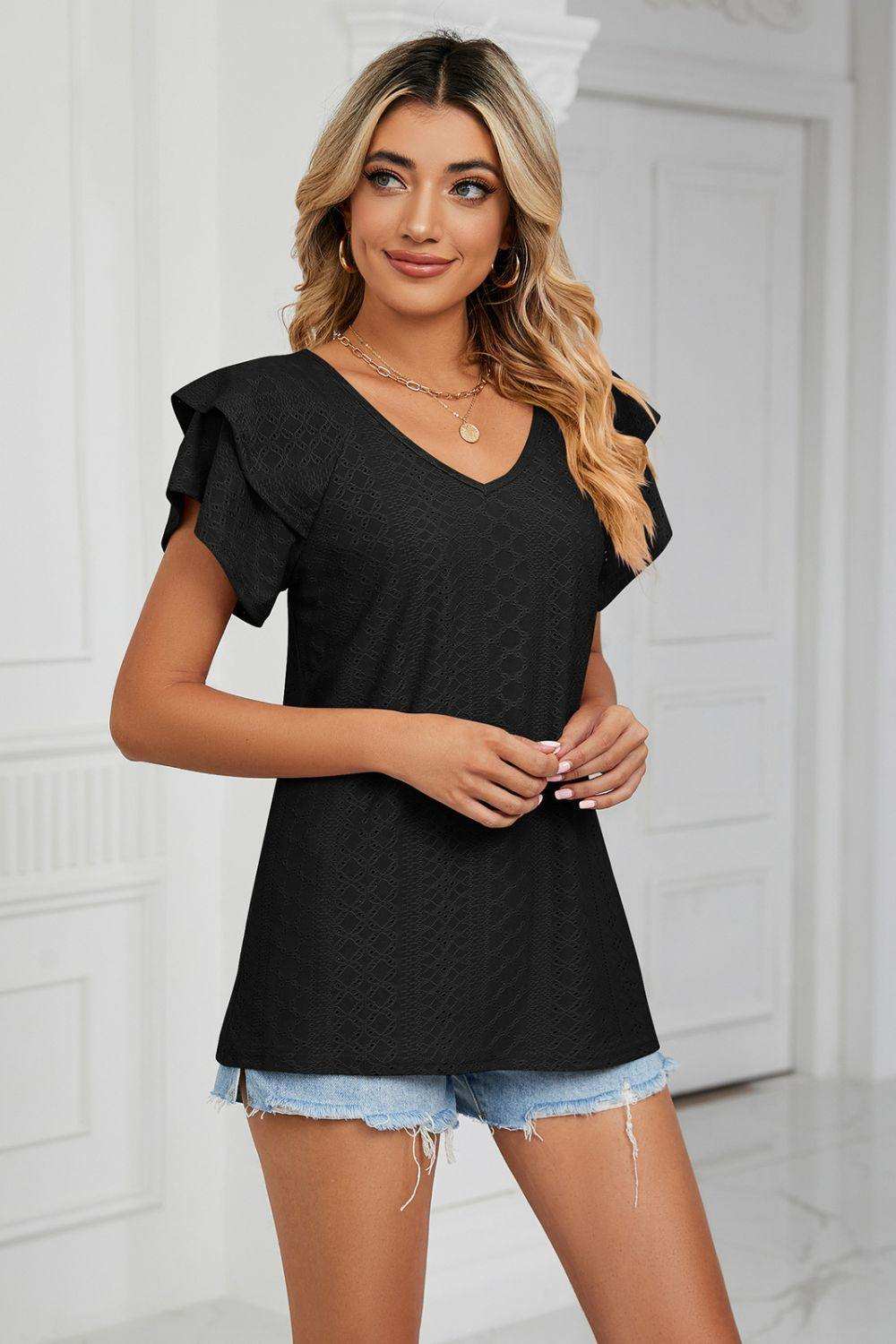 Eyelet Layered Flutter Sleeve V-Neck Knit Top - Trendsi - Flyclothing LLC