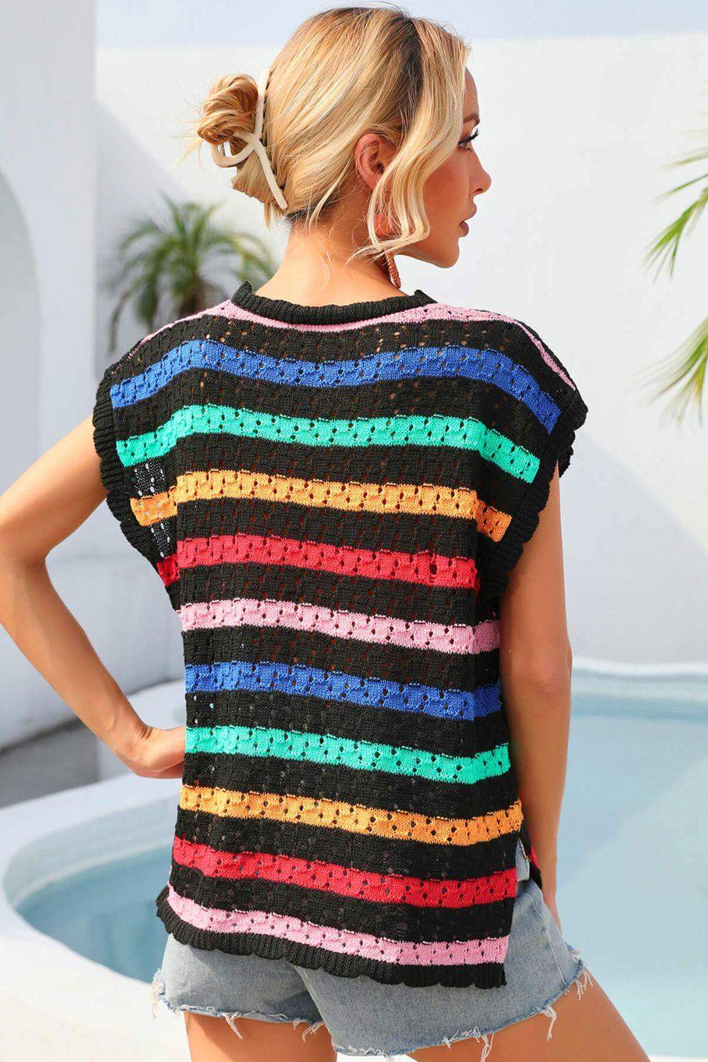 Striped V-Neck Slit Cover Up - Trendsi - Flyclothing LLC