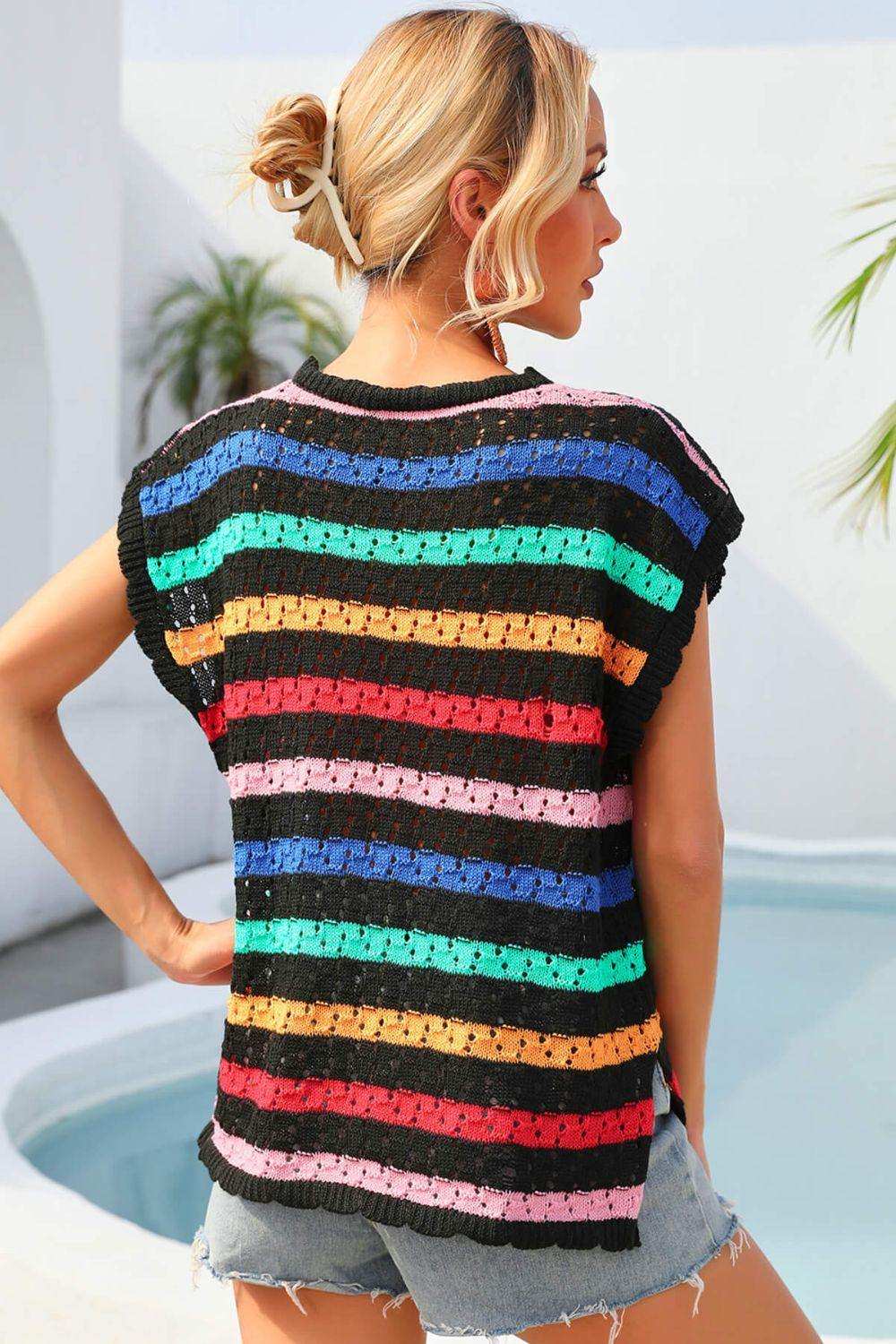 Striped V-Neck Slit Cover Up - Trendsi - Flyclothing LLC