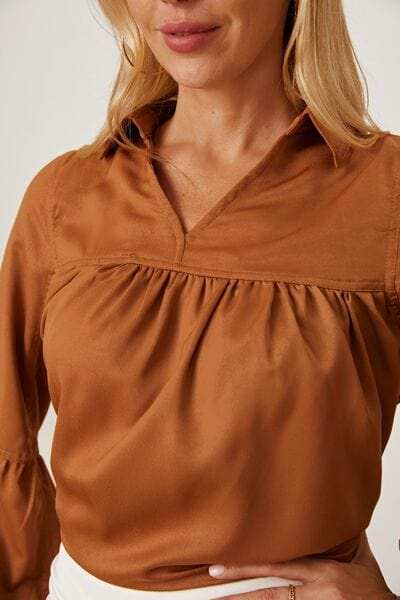 Balloon Sleeve Collared Neck Blouse - Trendsi - Flyclothing LLC