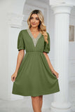 Contrast V-Neck Puff Sleeve Pocket Dress - Trendsi - Flyclothing LLC
