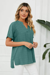 Side Slit Notched Neck Cuffed Short Sleeve Blouse - Trendsi - Flyclothing LLC