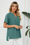 Side Slit Notched Neck Cuffed Short Sleeve Blouse - Trendsi