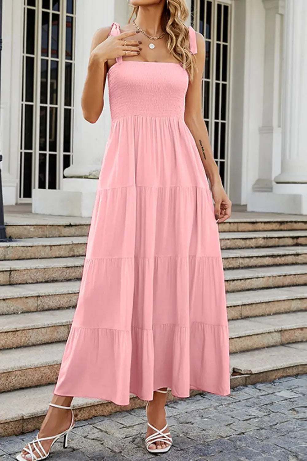 Tie-Shoulder Smocked Tiered Dress - Trendsi - Flyclothing LLC