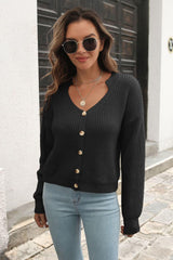Button-Down Dropped Shoulder Ribbed Cardigan - Trendsi
