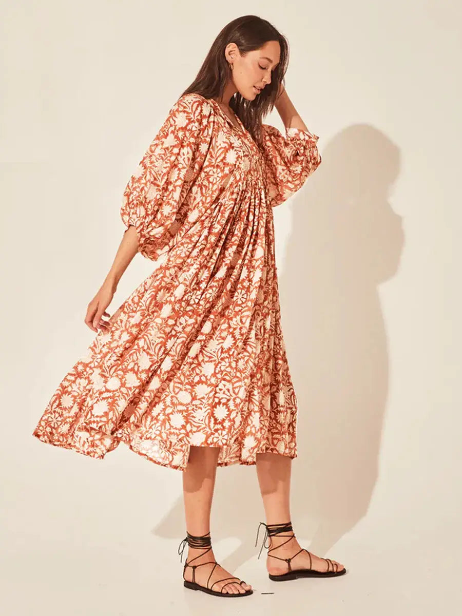 Floral Tie Neck Lantern Sleeve Dress - Trendsi - Flyclothing LLC