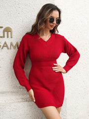Rib-Knit V-Neck Sweater Dress - Trendsi