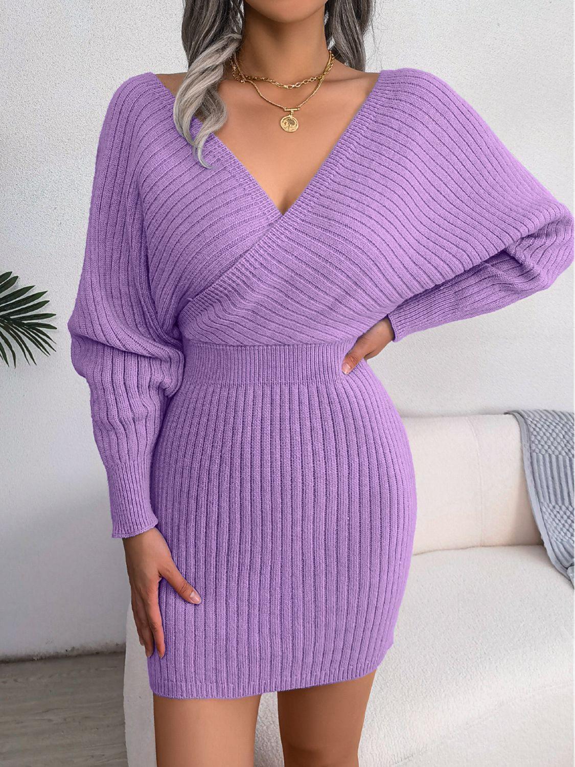 Rib-Knit Dolman Sleeve Sweater Dress - Trendsi