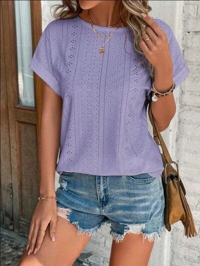 Eyelet Round Neck Short Sleeve T-Shirt - Trendsi